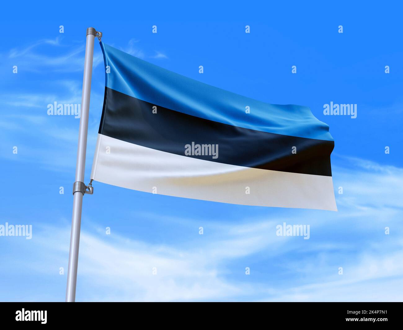 Bella bandiera estone che ondola nel vento con sfondo cielo - 3D illustrazione - 3D rendering Foto Stock