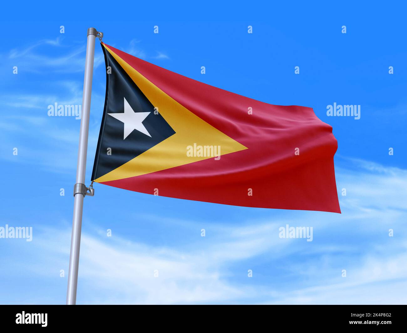 Bella bandiera di Timor Est che sventola nel vento con lo sfondo del cielo - 3D illustrazione - 3D rendering Foto Stock