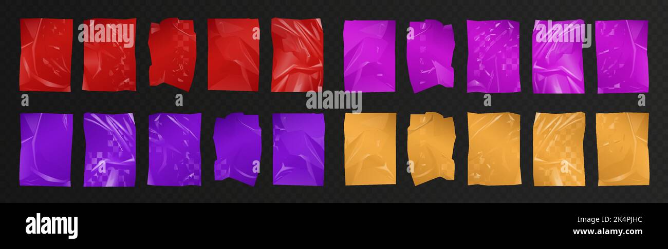 Illustrazione vettoriale set in polietilene di plastica. 3d materiale in pellicola con rughe realistiche di colore giallo, rosso e viola per confezioni e sacchetti con effetto lucido e texture di seta, involucro lucido e tendaggi setosi Illustrazione Vettoriale