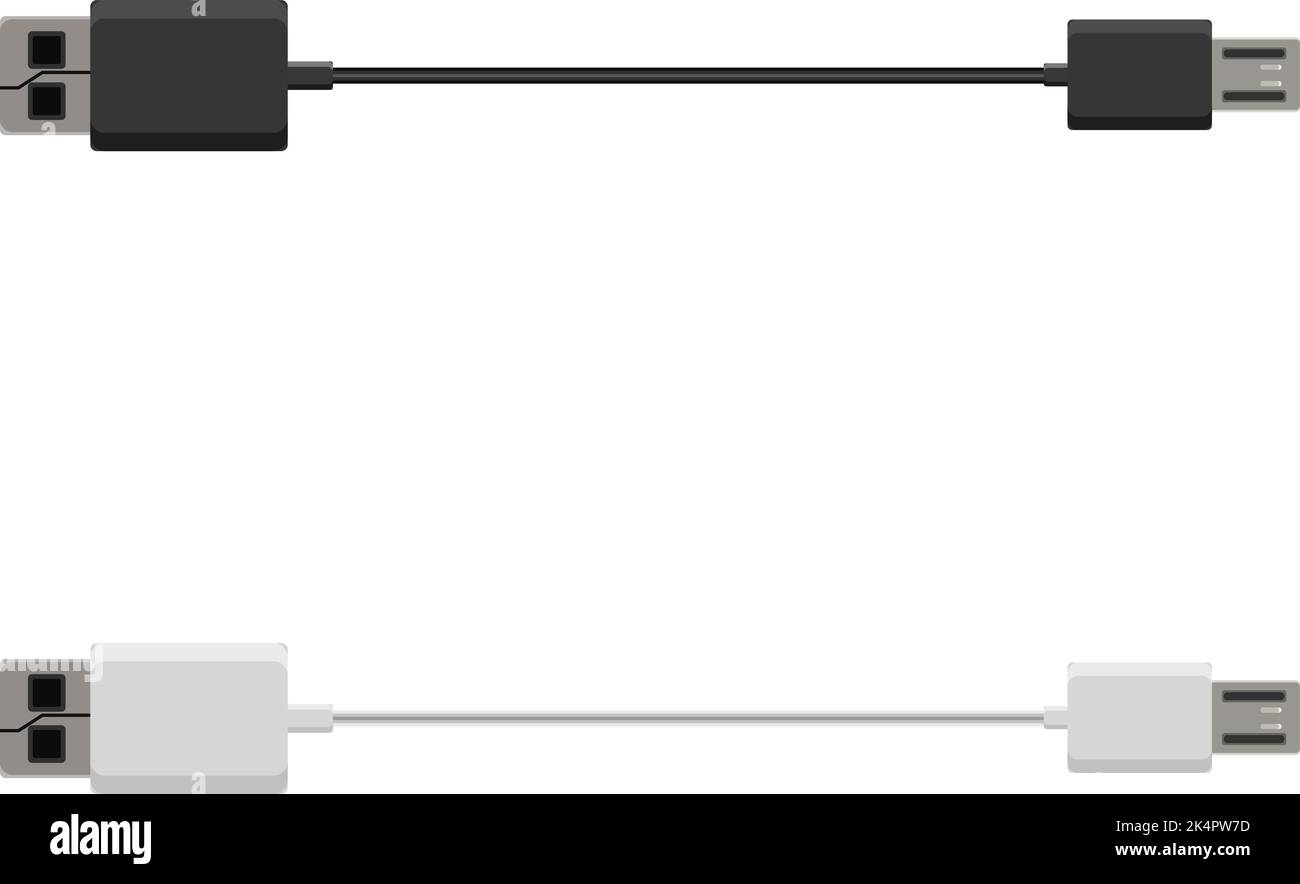 Cavi USB in bianco e nero, illustrazione, vettoriale su sfondo bianco. Illustrazione Vettoriale
