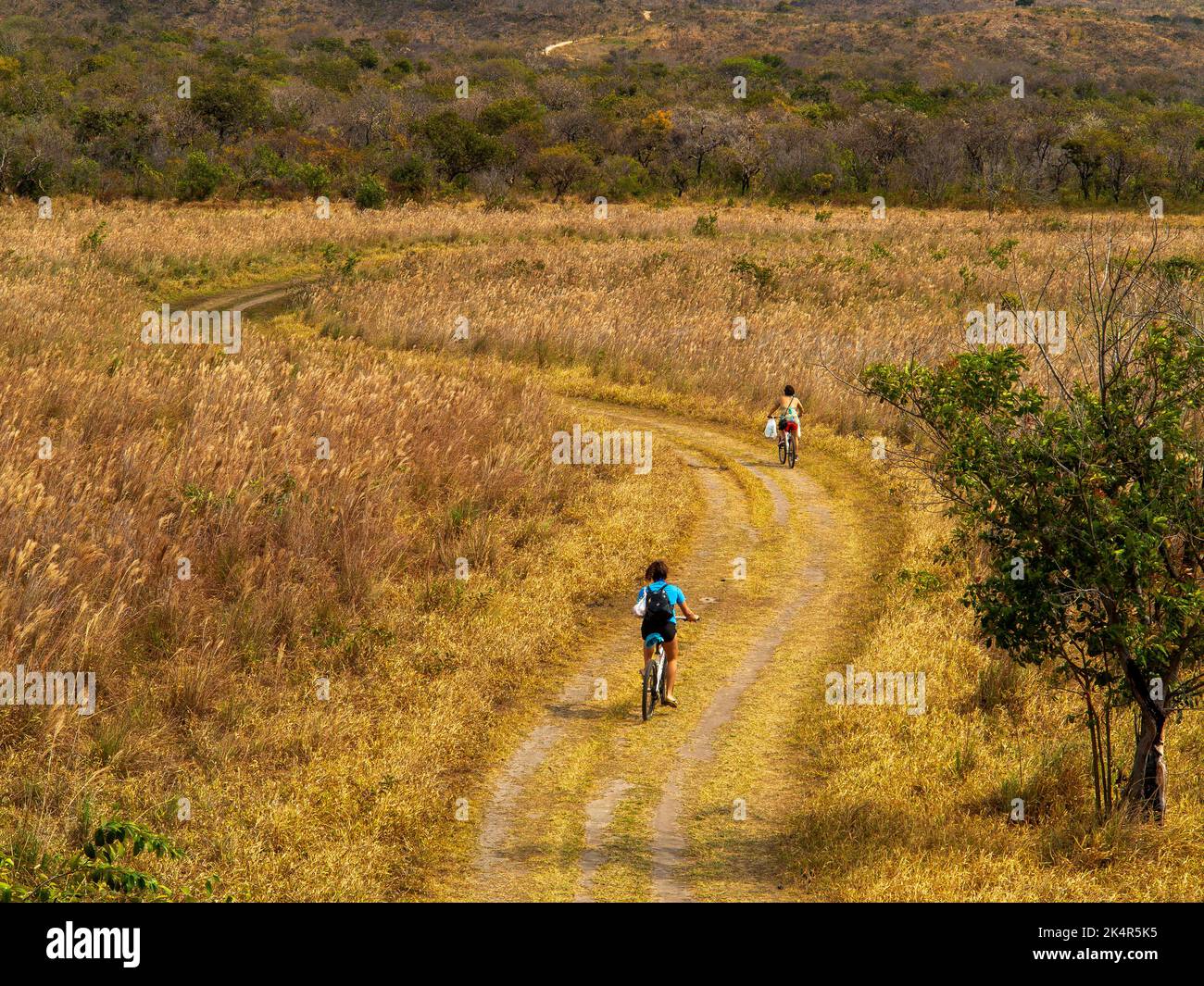 Tourista in bicicletta al Parco Nazionale Serra do Cipó, una meta popolare per i turisti in cerca di avventura, Minas Gerais, Brasile Foto Stock