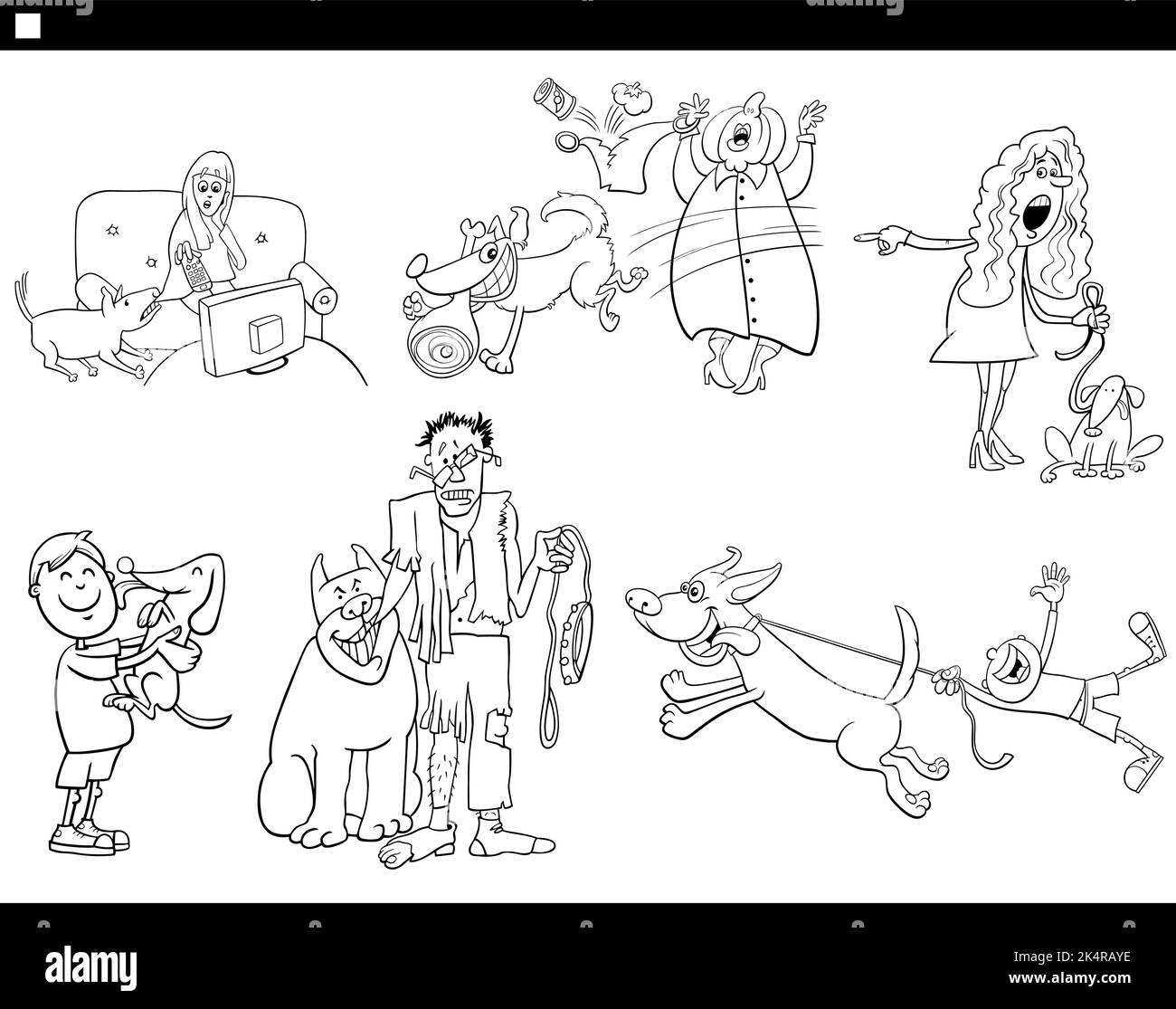 Illustrazione del cartone animato in bianco e nero dei proprietari dell'animale domestico della gente con i loro caratteri del cane imposta la pagina coloring Illustrazione Vettoriale