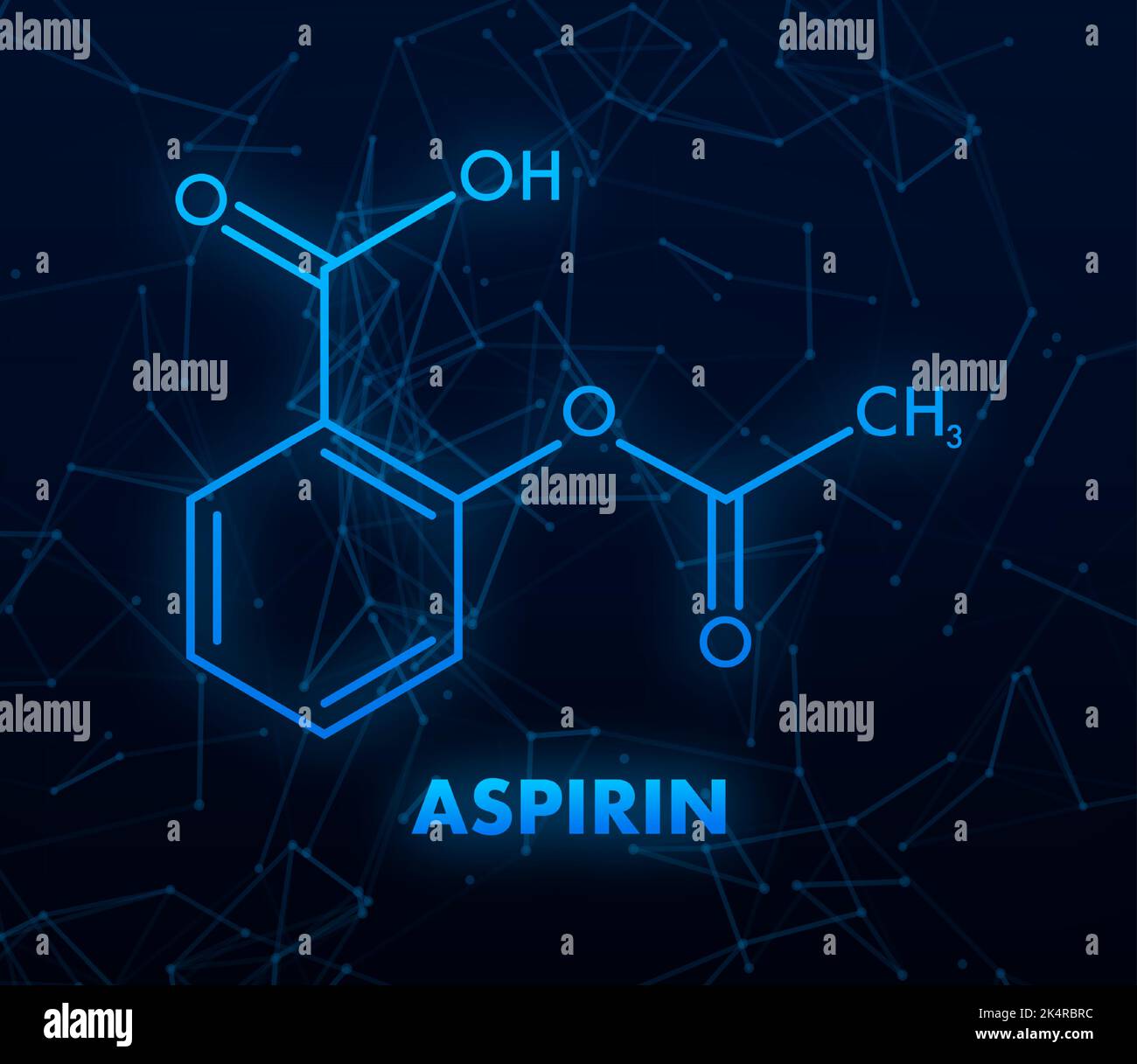 Acetilsalicilico, etichetta icona formula chimica di concetto di aspirina, illustrazione vettoriale font di testo Illustrazione Vettoriale