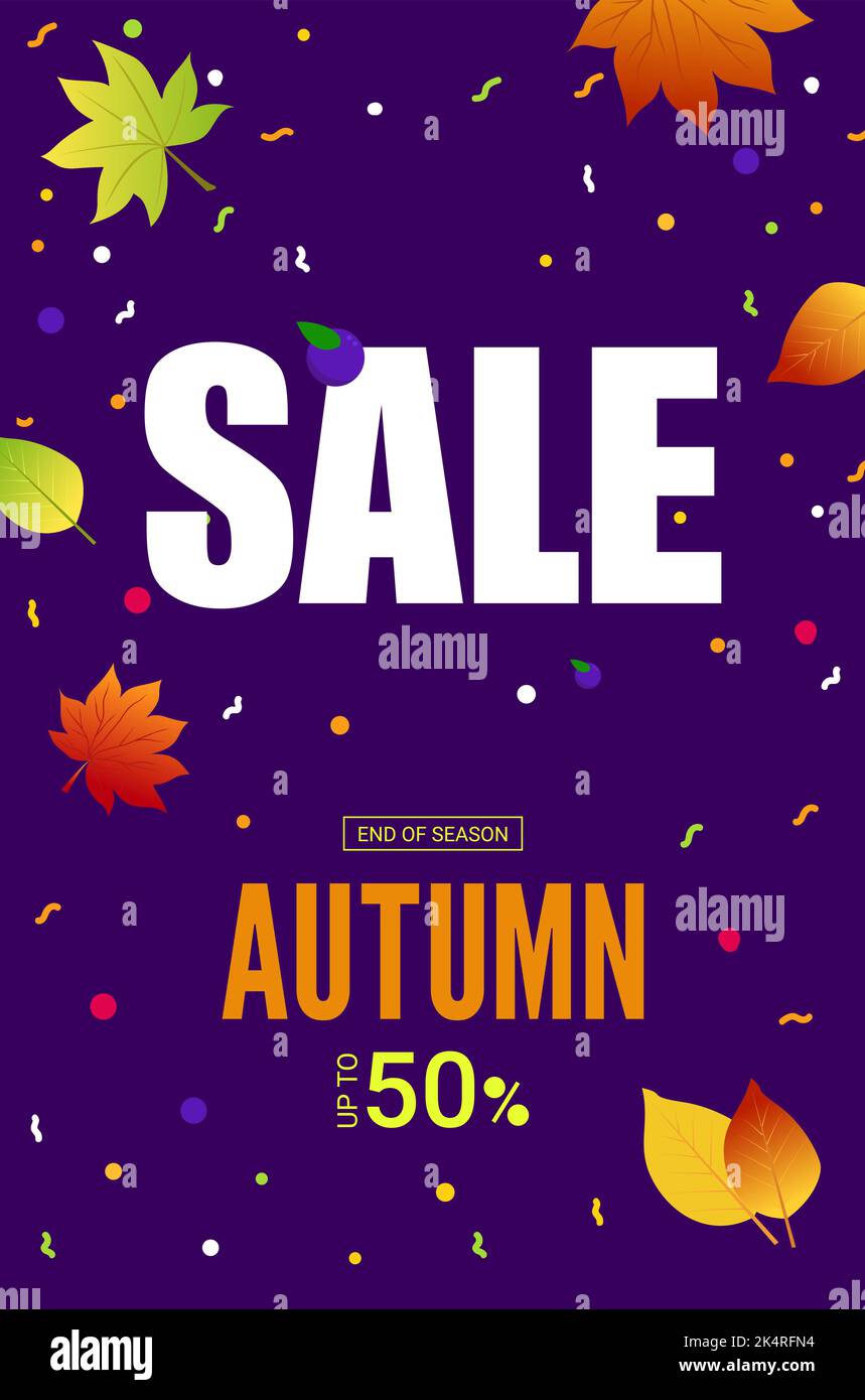 Poster vendita autunnale. Banner verticale con foglie autunnali brillanti e coriandoli su sfondo blu. Layout Design template. Vettore con spazio di copia. Fino a 50 Illustrazione Vettoriale