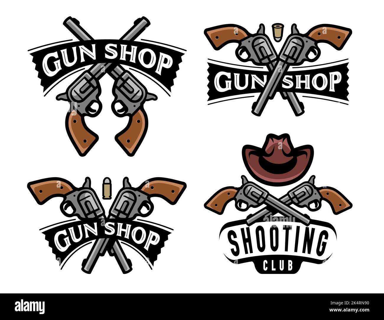 Negozio di armi da fuoco, badge o logo Shooting Club. Pistola, set di simboli revolver. Illustrazione vettoriale dell'emblema dell'arma Illustrazione Vettoriale