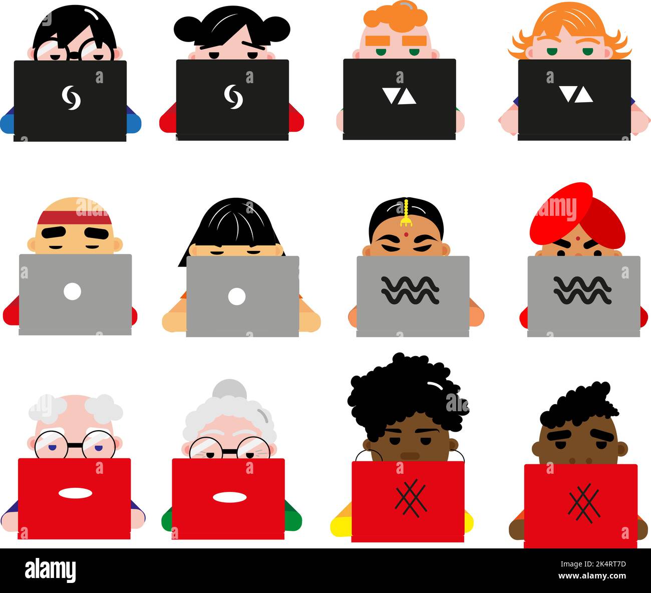 Persone che utilizzano il computer portatile, illustrazione, vettore su sfondo bianco. Illustrazione Vettoriale