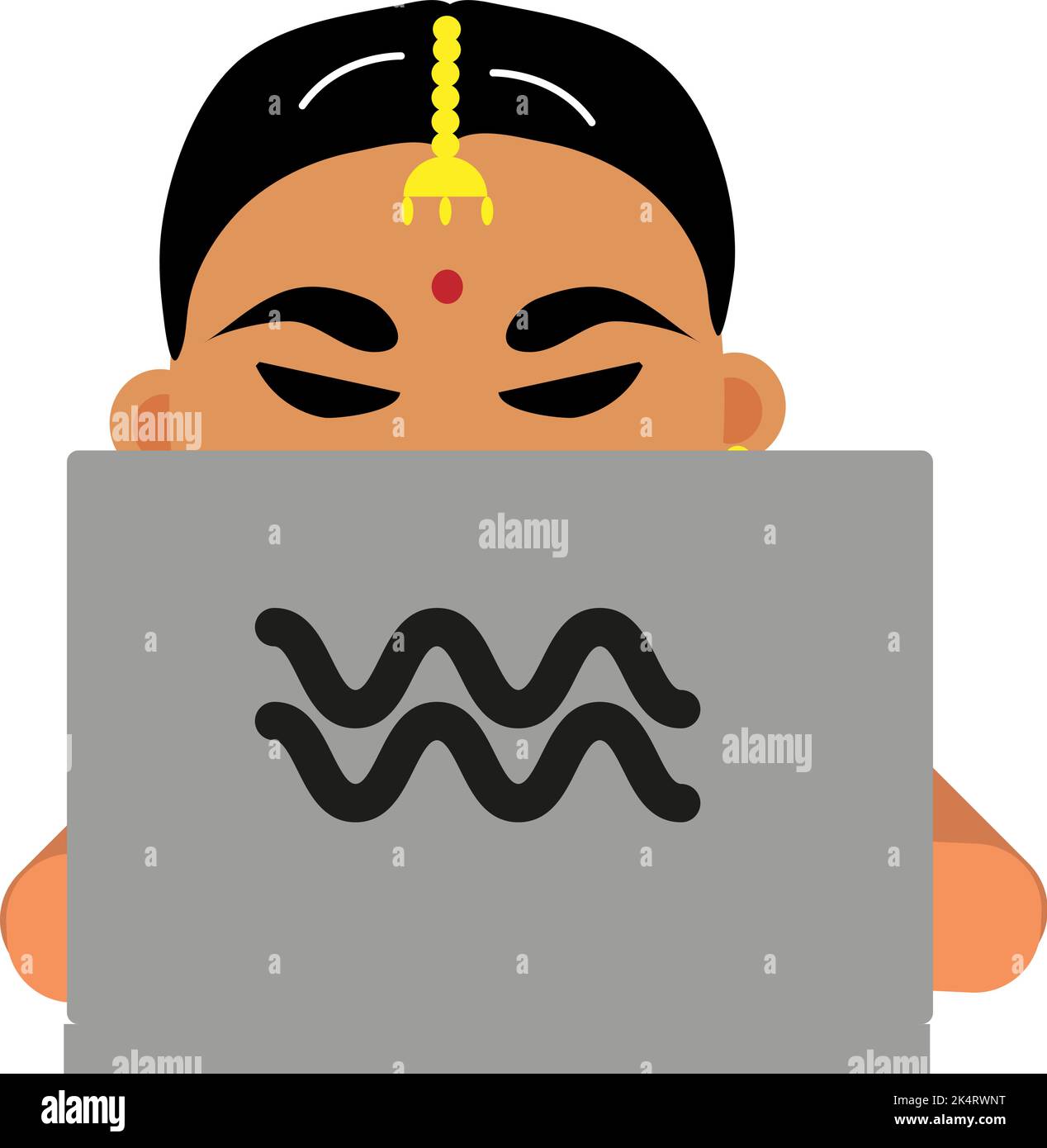 Donna indiana con laptop grigio, illustrazione, vettore su sfondo bianco. Illustrazione Vettoriale