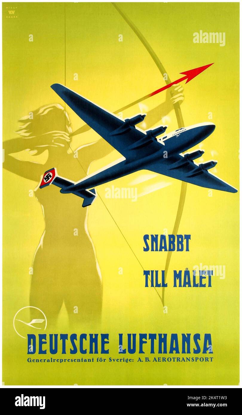 1938 Deutsche Lufthansa Travel poster di Willy Hanke - Snabbt fino a målet Foto Stock