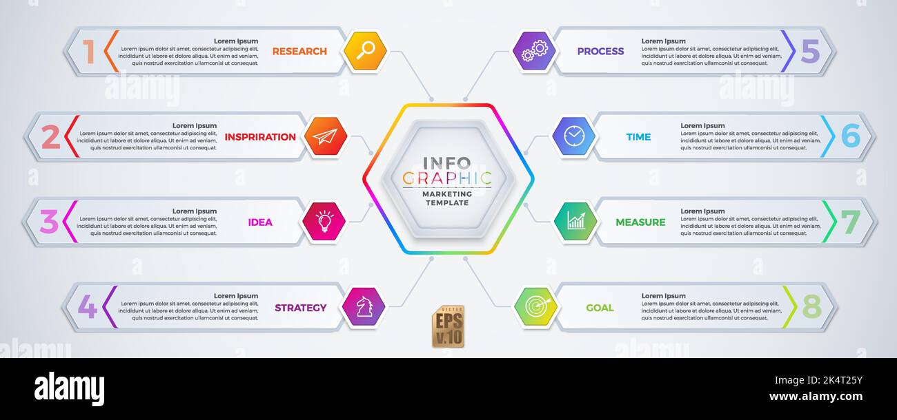 Infografica VETTORE business design icone esagonali modello colorato. 8 opzioni o passi isolato stile minimal. È possibile utilizzare per il processo di marketing, wor Illustrazione Vettoriale