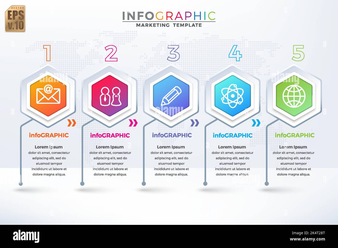 Infografica VETTORE business design icone esagonali modello colorato. 5 opzioni o passi isolato stile minimal. È possibile utilizzare per il processo di marketing, wor Illustrazione Vettoriale