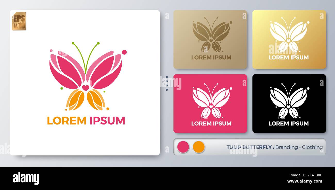 Tulip Butterfly Logo design. Nome vuoto per inserire il Branding. Progettato con esempi per tutti i tipi di applicazioni. È possibile utilizzare per l'azienda, inde Illustrazione Vettoriale