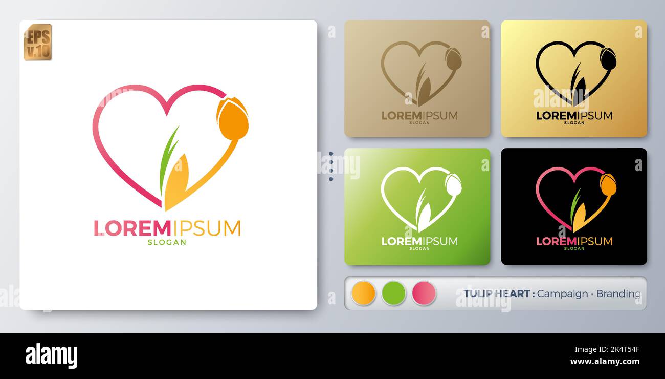 Design con logo Tulip and Heart. Nome vuoto per inserire il Branding. Progettato con esempi per tutti i tipi di applicazioni. È possibile utilizzare per l'azienda, inde Illustrazione Vettoriale