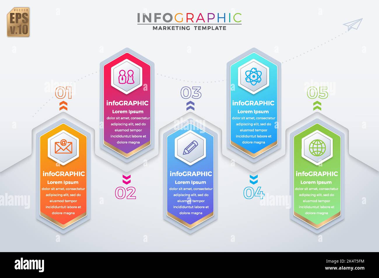Infografica business design esagono icone colorate marketing modello vettore. 5 opzioni o passaggi su sfondo grigio. È possibile utilizzare per i processi di marketing Illustrazione Vettoriale