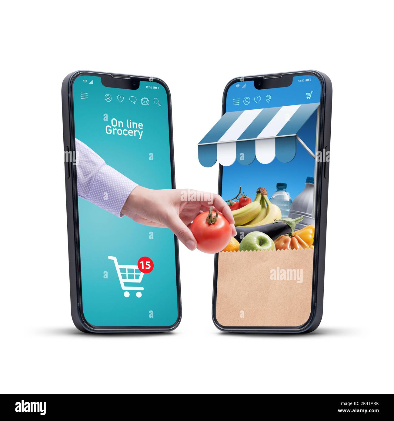 App online per la spesa di alimentari: L'utente ordina cibo e aggiunge articoli al carrello, consegna di cibo e concetto di e-commerce Foto Stock
