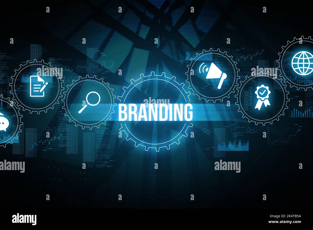Concetto di branding. Strategia di marketing per promuovere l'azienda. Ologramma e icone. Foto Stock