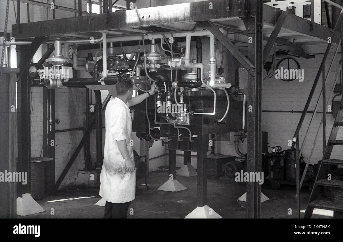 Anni '1960, un lavoratore maschile, che controllava i valori e i tubi all'interno di un'unità industriale in una piccola azienda di produzione di vernici, Inghilterra, Regno Unito. Foto Stock