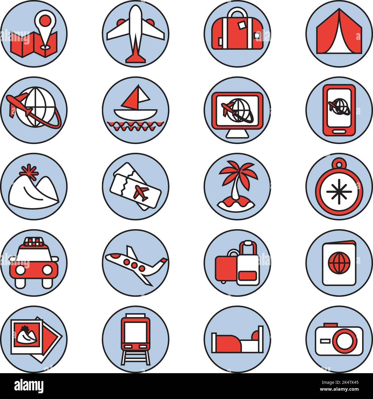 Pacchetto icone di viaggio, illustrazione, vettore su sfondo bianco. Illustrazione Vettoriale