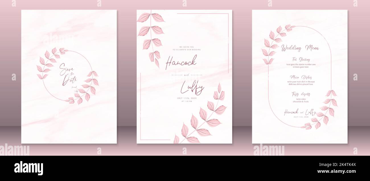 Modello di biglietto d'invito per matrimoni con sfondo acquerello e foglia autunnale di rosa Illustrazione Vettoriale