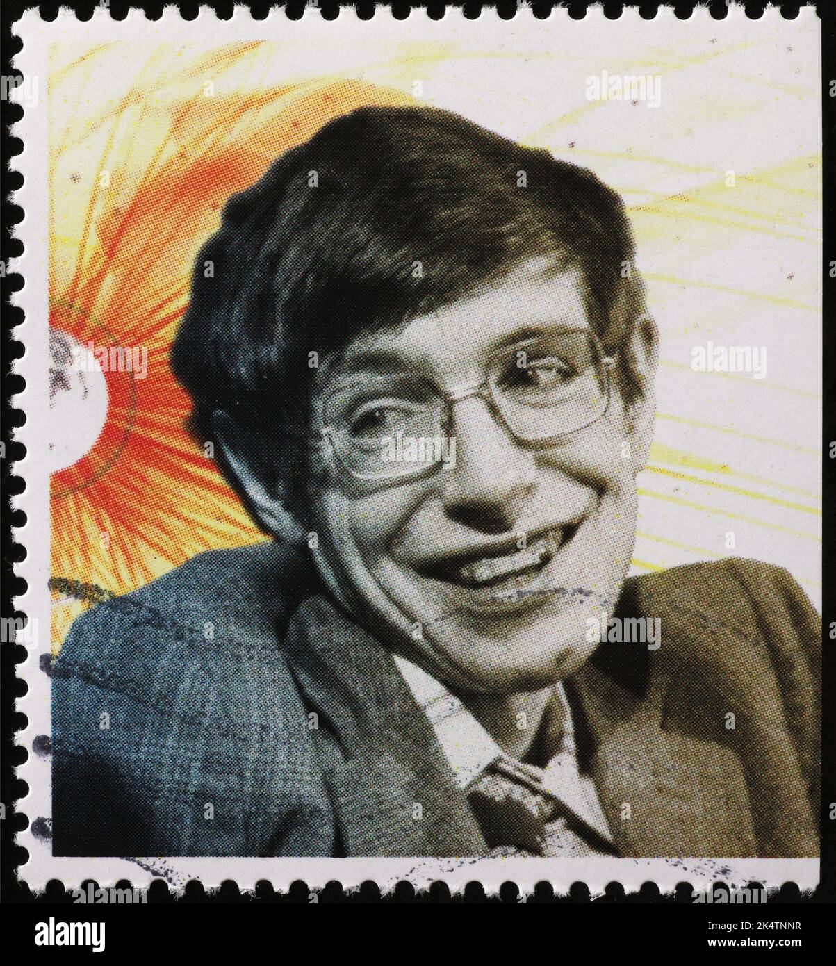 Primo piano del giovane Stephen Hawking sul francobollo Foto Stock