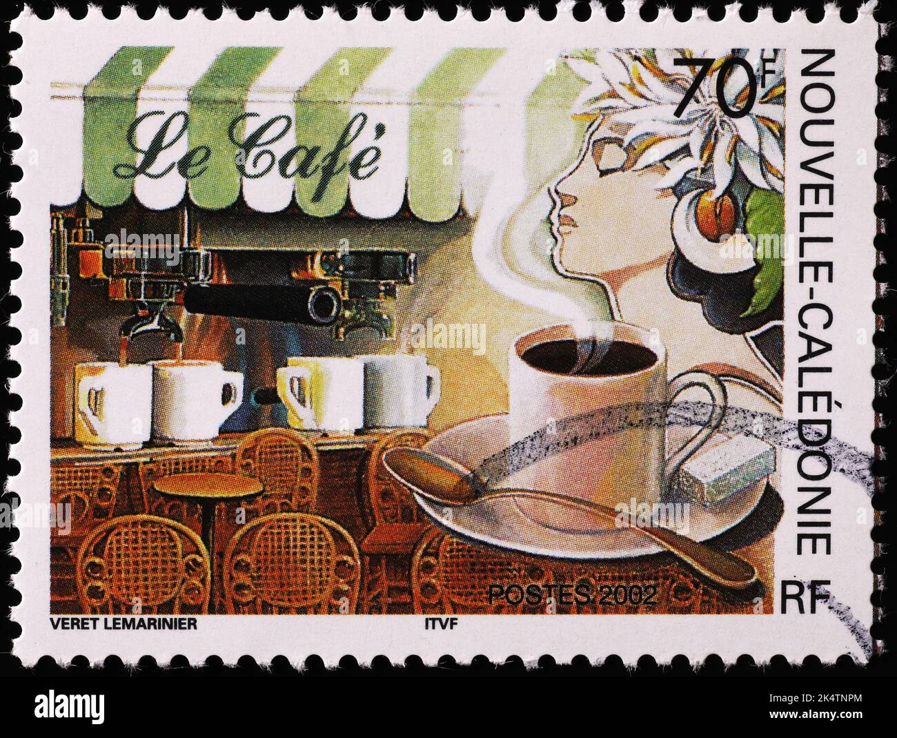 Tazza di caffè sul francobollo della Nuova Caledonia Foto Stock