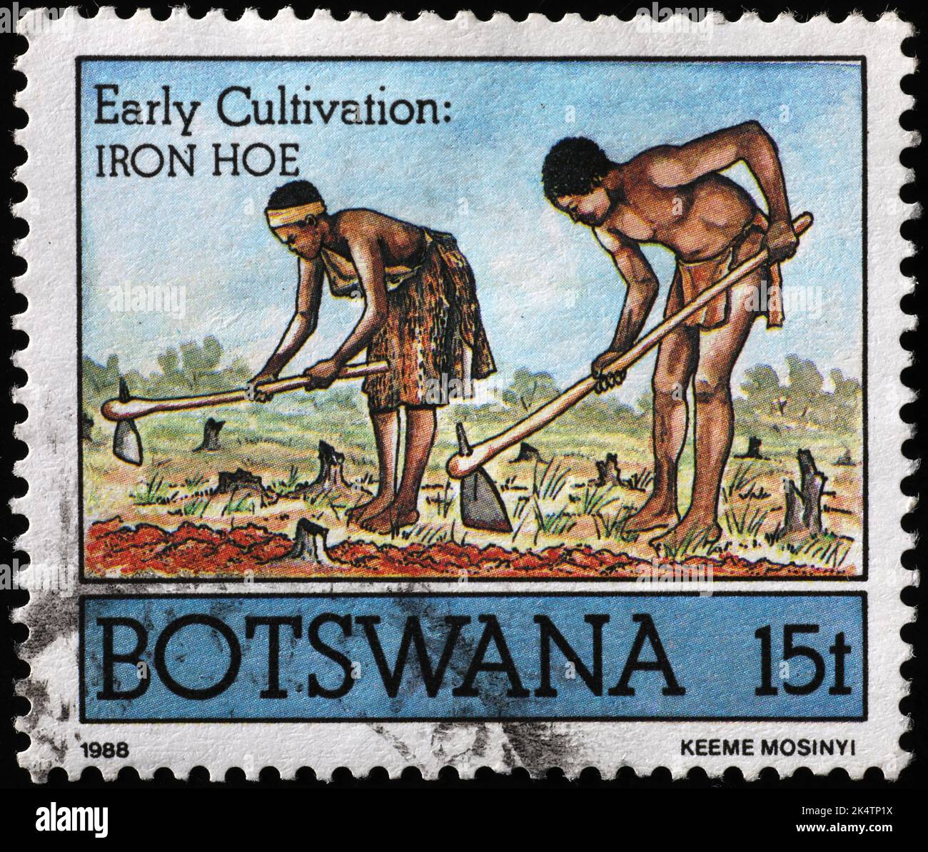 Agricoltori che si accollano sul francobollo del Botswana Foto Stock