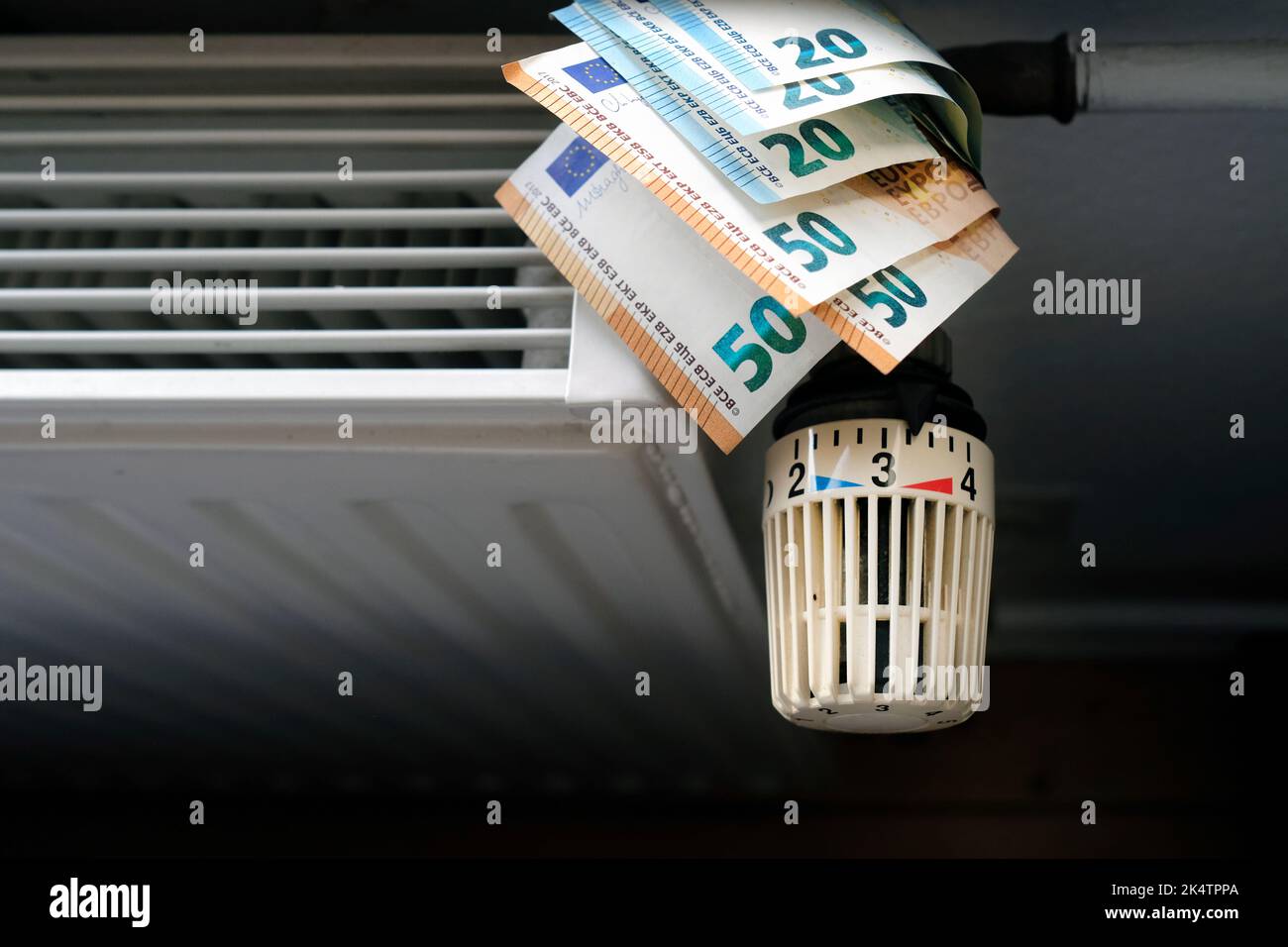 Controllo dei costi di riscaldamento - controllo del radiatore e bollette in euro sul riscaldamento centrale Foto Stock