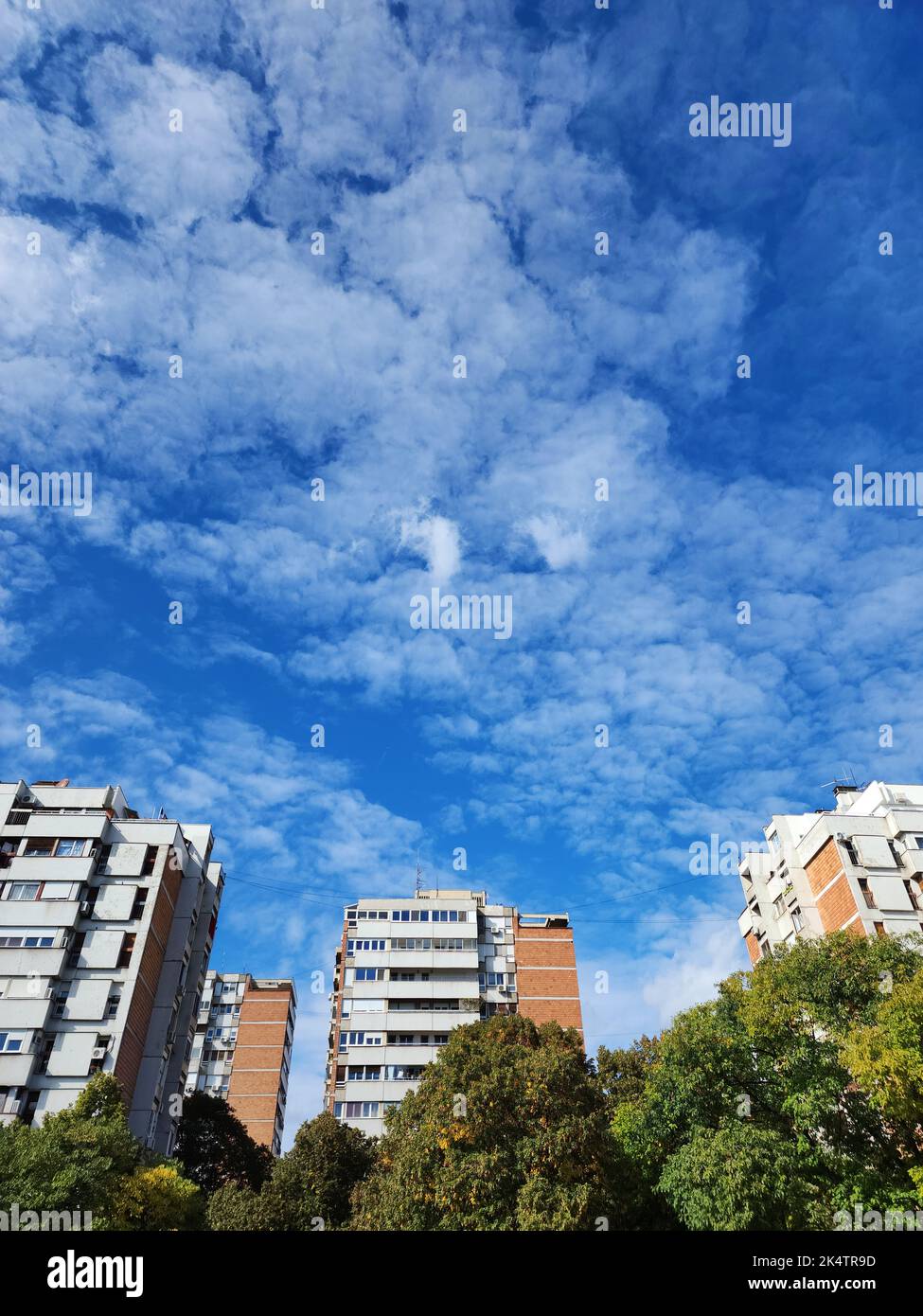 Un tiro verticale ad angolo basso di edifici nel blocco 45 a Belgrado, Serbie Foto Stock
