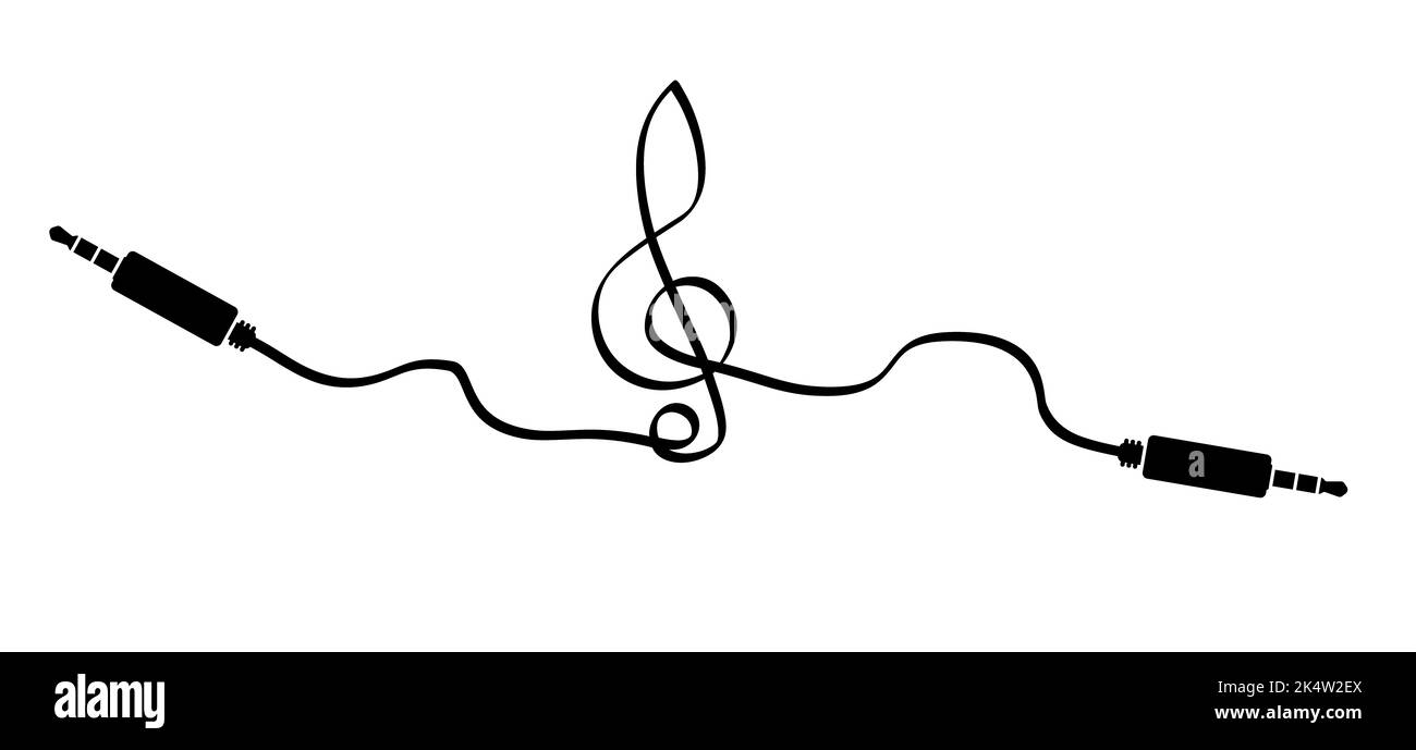 Presa jack audio Cartoon, 35 mm. Cavo audio stereo, connettore jack. Nota sonora di musica vettoriale. Elemento audio o strumenti. Logo o simbolo del cavo della spina. Onda li Foto Stock