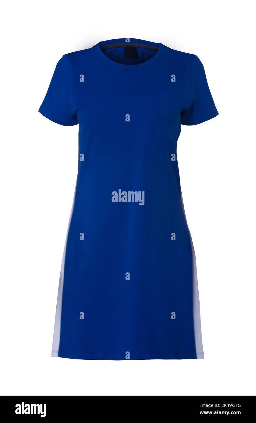 Un abito femminile a maniche corte blu dritto isolato su bianco Foto Stock