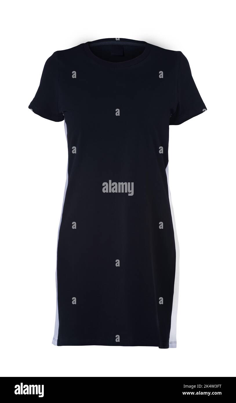 Un abito femminile nero a maniche corte isolato su bianco Foto Stock
