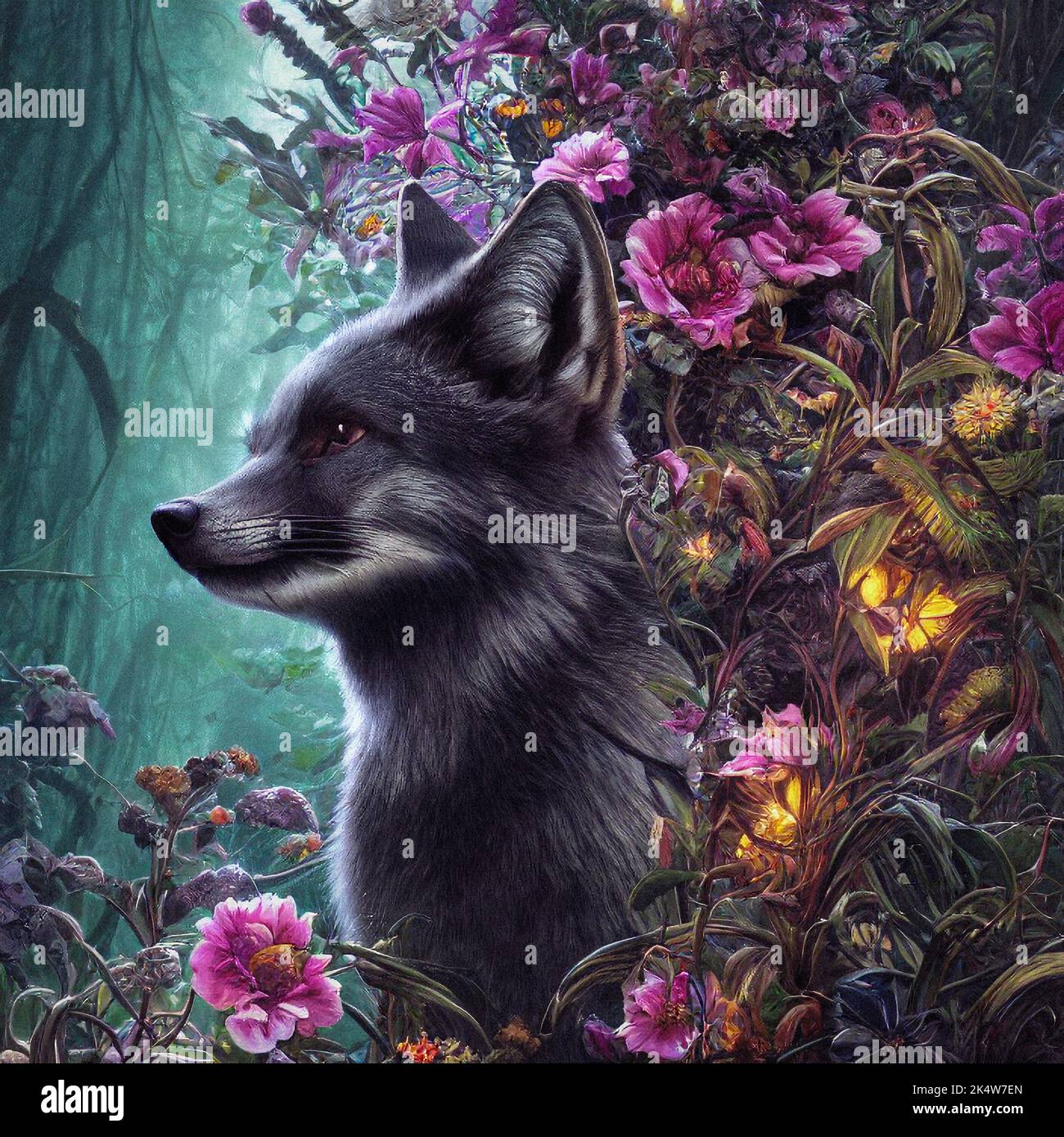 Illustrazione di un giovane lupo o volpe in posa circondata da fiori. Foto Stock