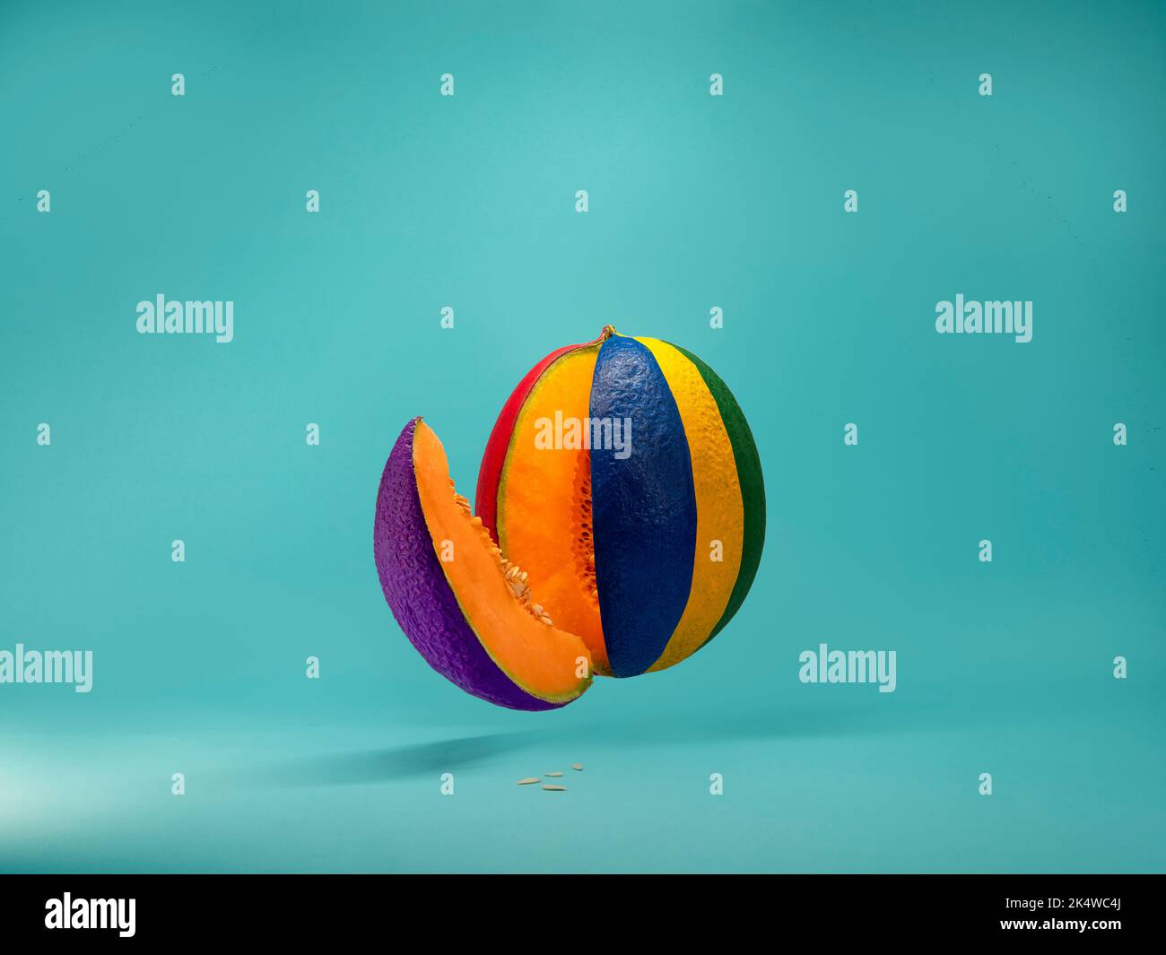 Melone concettuale geneticamente modificato con pelle multicolore Foto Stock