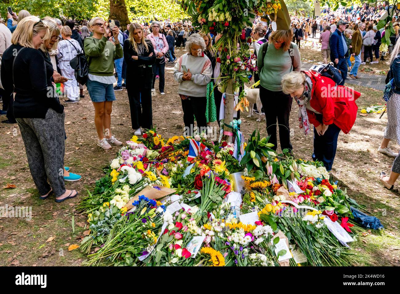 Gente britannica che guarda i tributi floreali per la regina Elisabetta II nel giardino tributo floreale a Green Park, Londra, Regno Unito Foto Stock