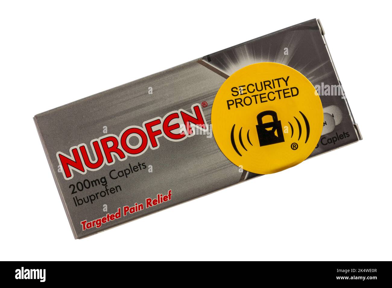 Etichetta adesiva protetta sulla confezione di caplet Nurofen 200mg Ibuprofen sollievo dal dolore mirato isolato su sfondo bianco Foto Stock