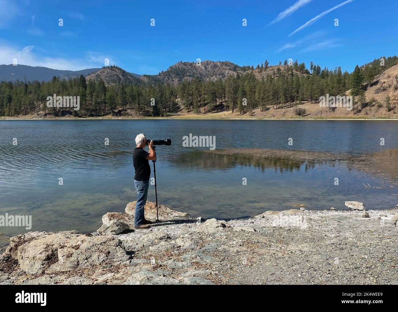 Fotografo in piedi sulla spiaggia utilizzando un teleobiettivo e un cavalletto, Okanagan Lake, Okanagan, British Columbia, Canada Foto Stock