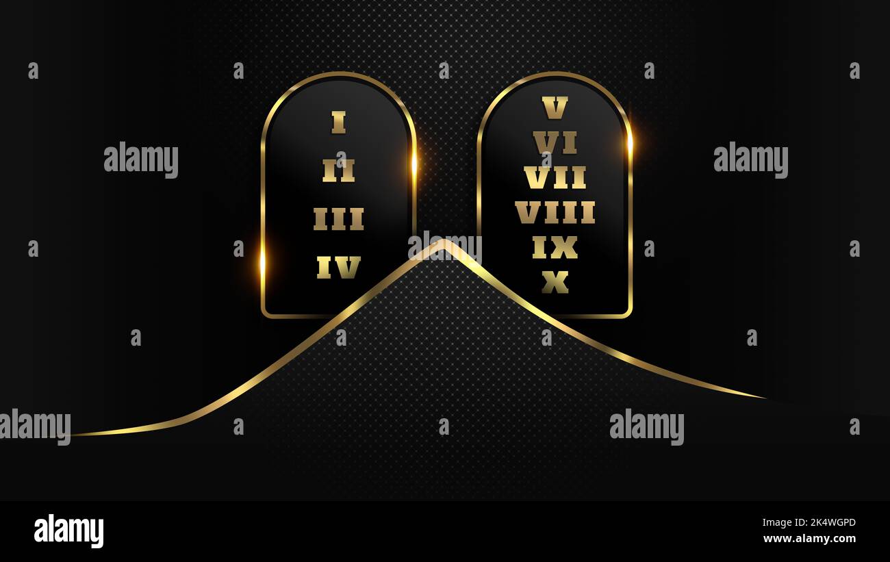 10 dieci Comandamenti DI DIO scritti sulle tavole di pietra date a Mosè nell'illustrazione del monte Sinai con effetti d'oro Foto Stock