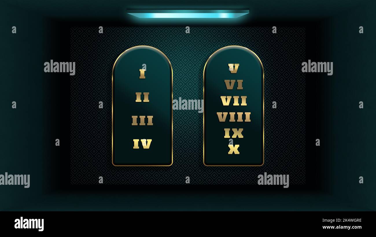 10 dieci Comandamenti DI DIO scritti sulle tavole di pietre date a Mosè nell'illustrazione del monte Sinai con effetti d'oro Foto Stock