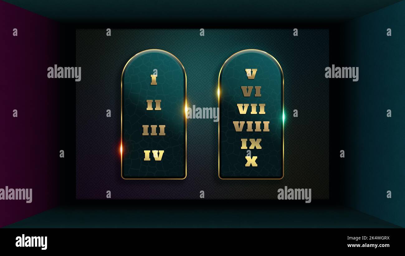 10 dieci Comandamenti DI DIO scritti sulle tavole di pietre date a Mosè nell'illustrazione del monte Sinai con effetti d'oro Foto Stock