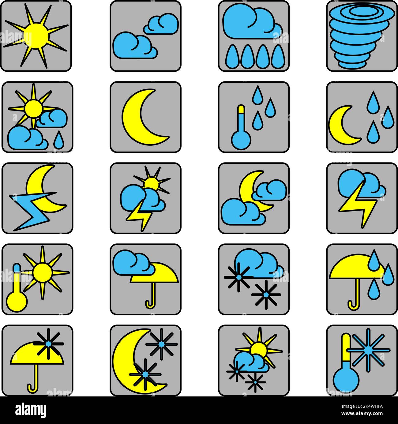 Pacchetto icone meteo, illustrazione, vettore su sfondo bianco. Illustrazione Vettoriale
