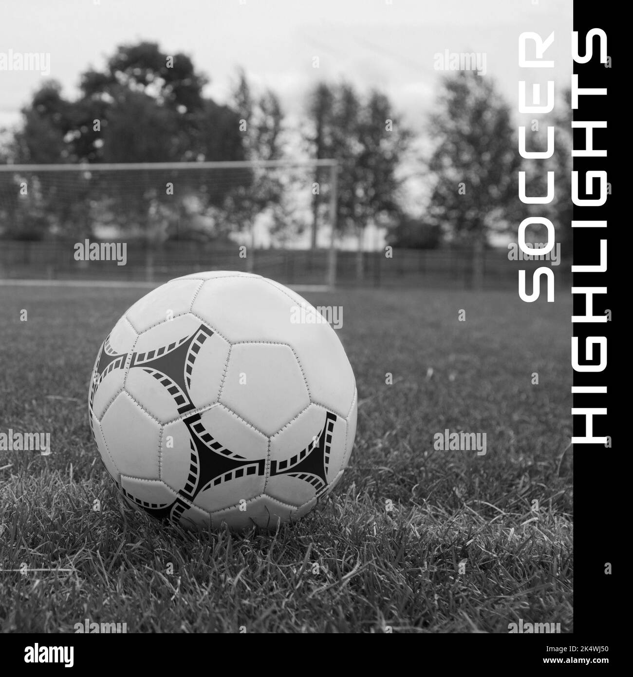 Composizione di calcio evidenzia testo su calcio bianco e nero su sfondo prato Foto Stock