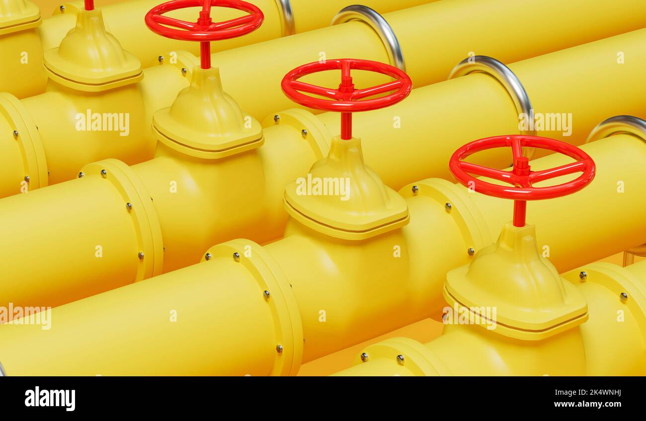 Tubazioni gialle per l'industria petrolifera o del gas con valvole rosse. Rendering 3D Foto Stock