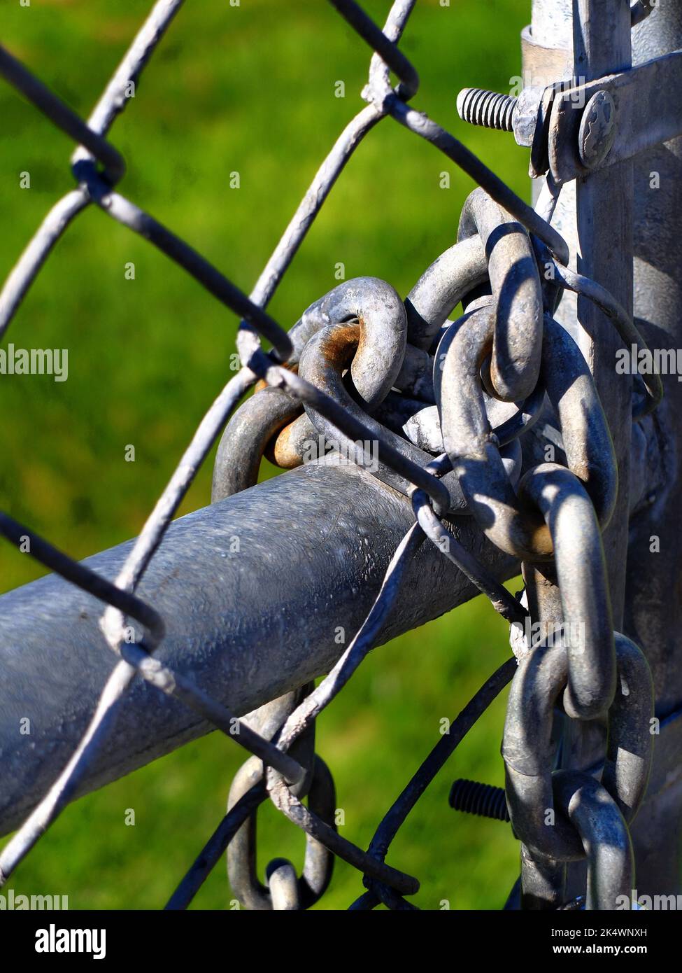Catena bloccata sulla recinzione a catena per maggiore sicurezza Foto Stock