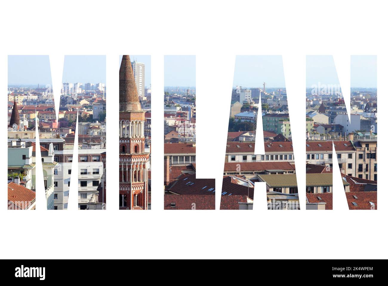 Milano - nome della città con sfondo bianco. Destinazione Italia. Foto Stock