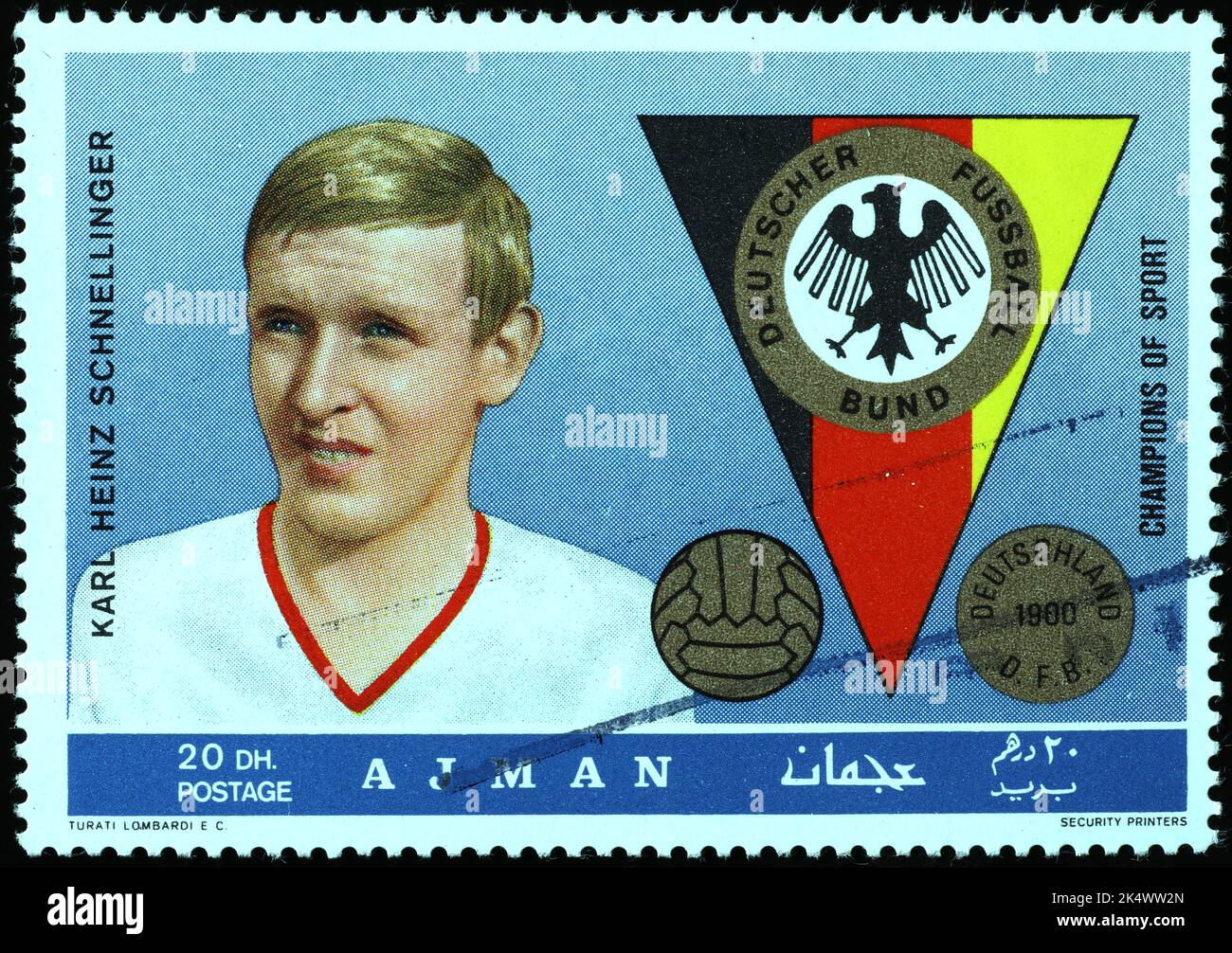 Calciatore tedesco Karl Heinz Schnellinger su vecchio francobollo Foto Stock