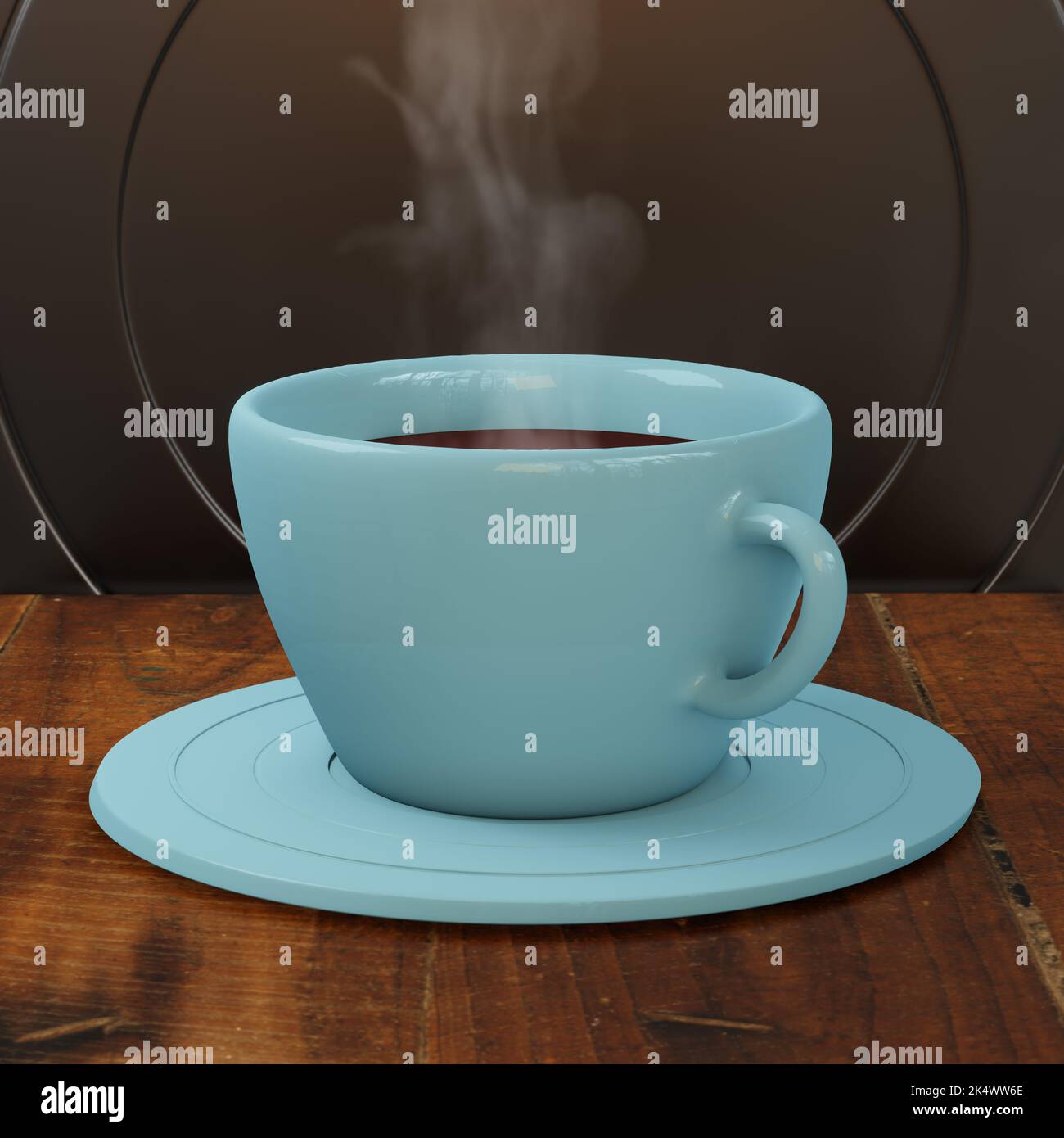 Tazza da caffè in ceramica con fumo su tavolo in legno sfondo nero 3D rendering immagine Foto Stock