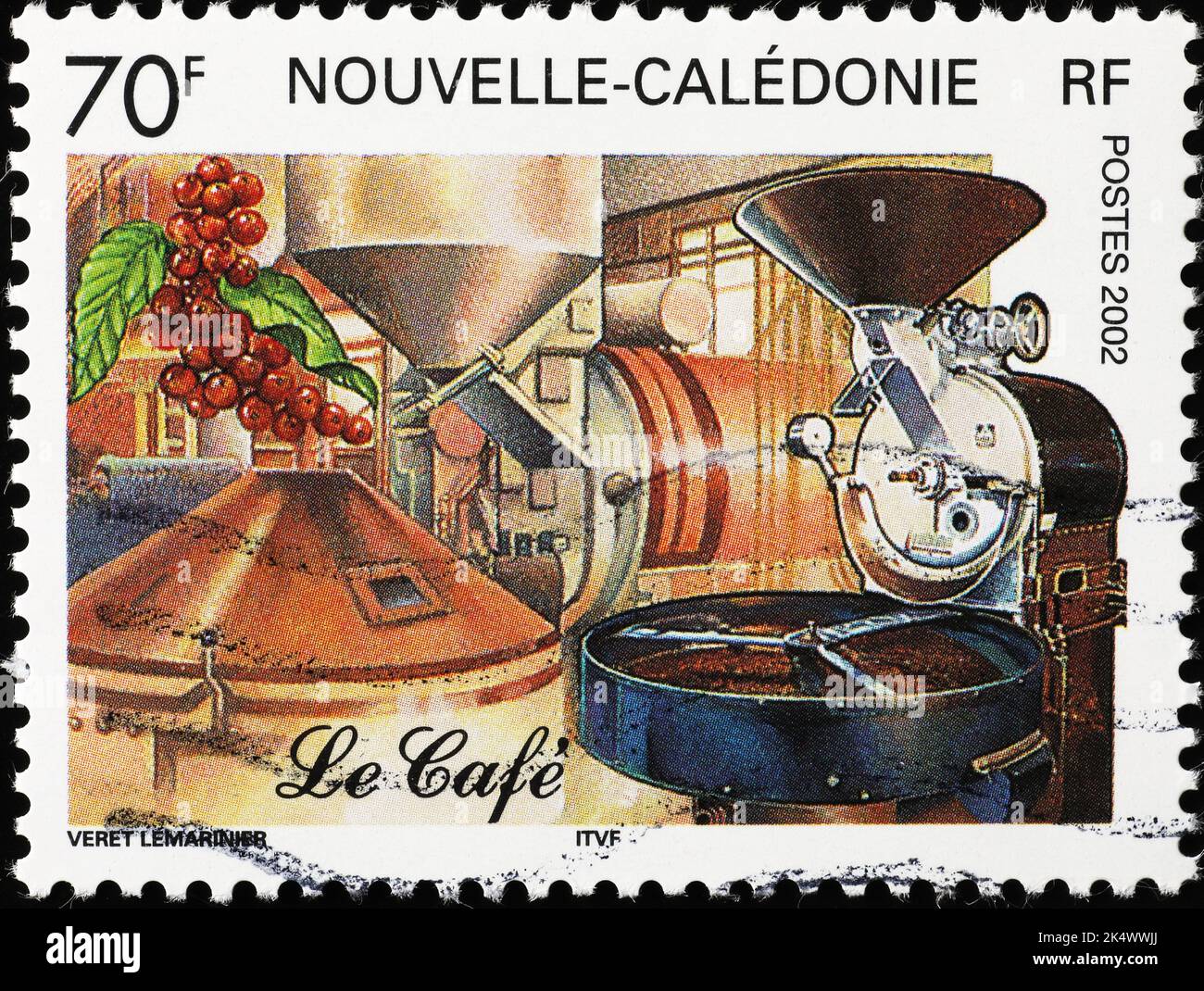 Macchine tostatura del caffè su francobollo della Nuova Caledonia Foto Stock