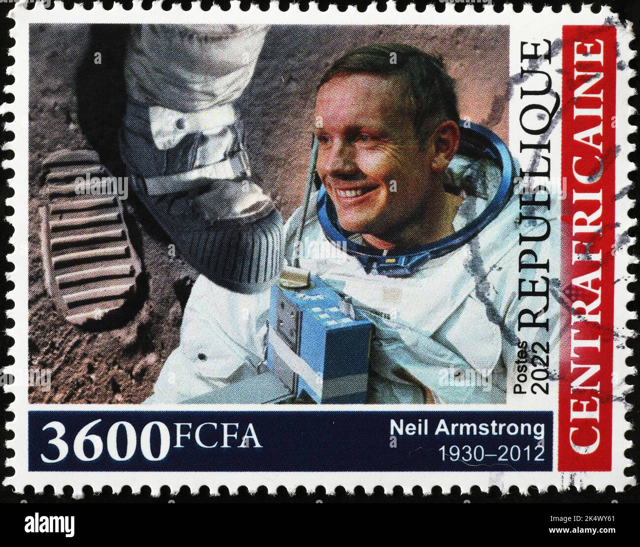Neil Armstrong e la sua impronta sulla luna sul francobollo Foto Stock