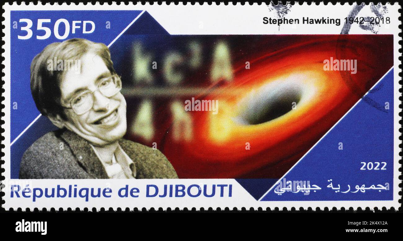 Stephen Hawking e un buco nero sul francobollo Foto Stock