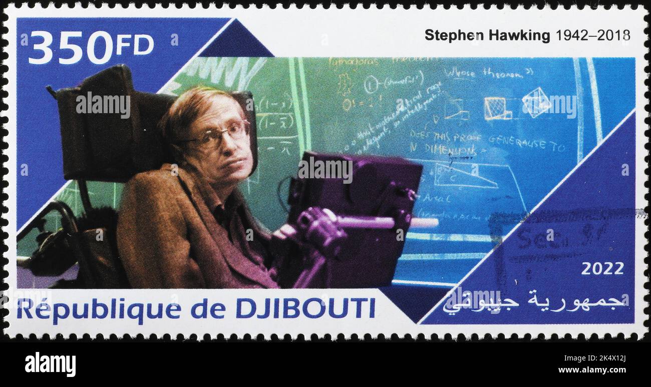 Stephen Hawking e i suoi studi sul francobollo Foto Stock