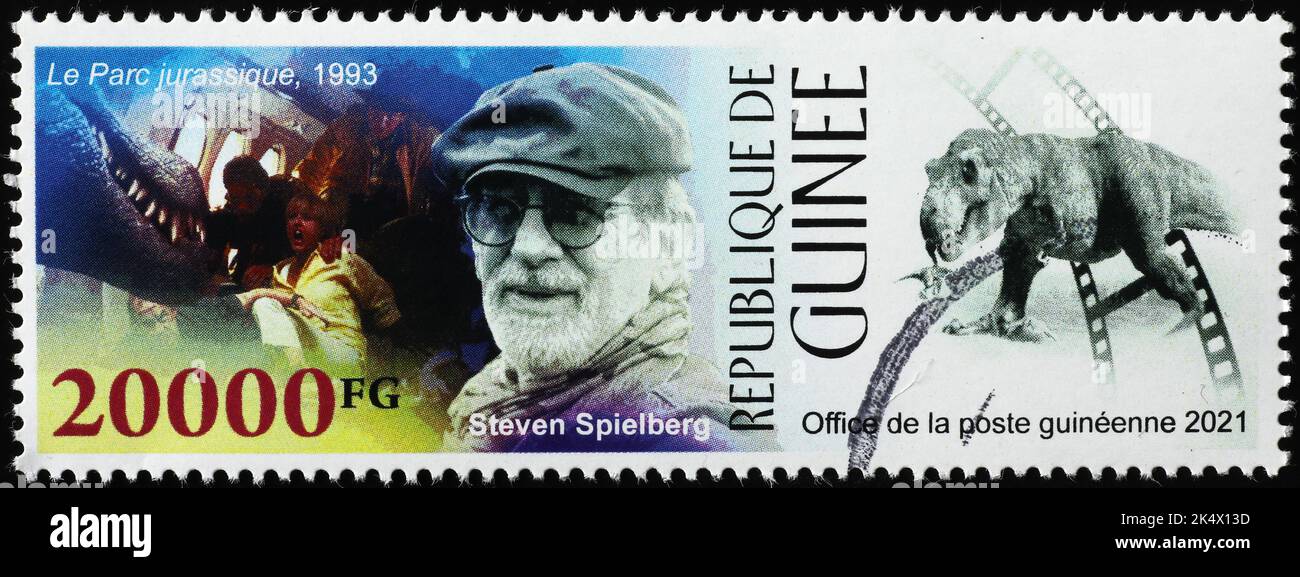 Steven Spielberg e Jurassic Park con francobollo Foto Stock